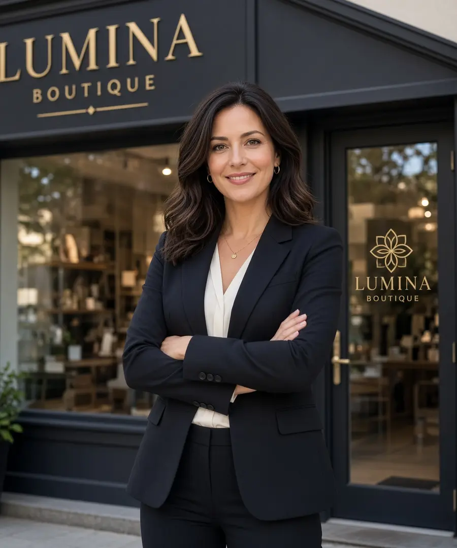 Small-business owner standing in front of her boutique